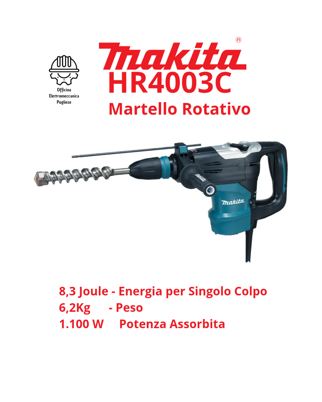 Martello Combinato Makita HR4003C - rotativo SDS-Max compatibile - 1.100 W - 40 mm - 2 Funz.