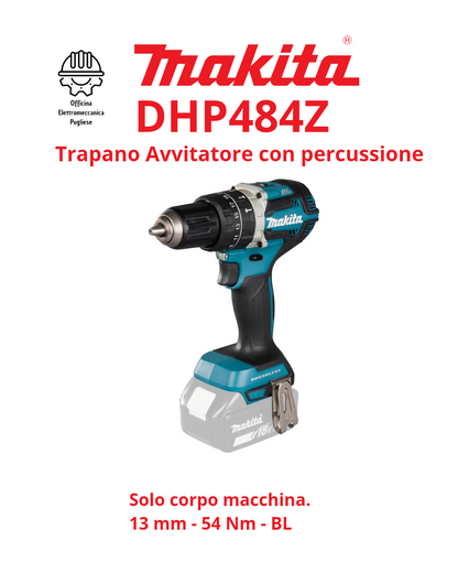 Trapano avvitatore c/percussione 18V Makita DHP484Z - 13 mm - 54 Nm - BL - Corpo macchina
